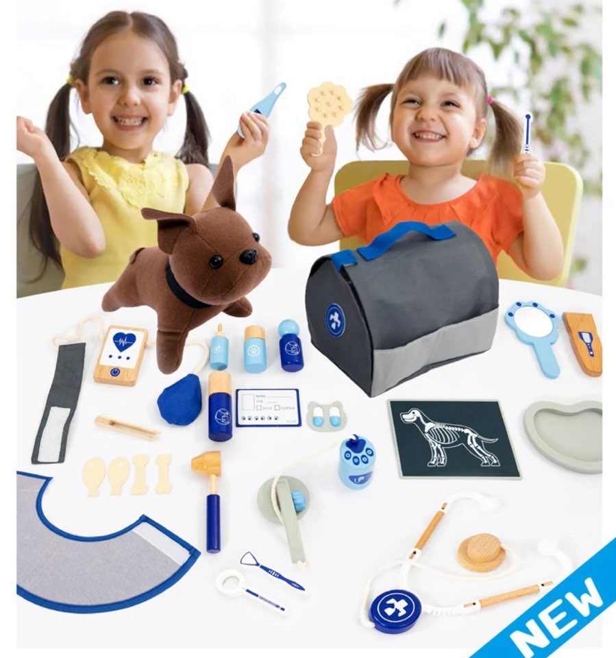 Play Set Pretend Dog Toy Wooden Pet Care Playset – Pretend Play